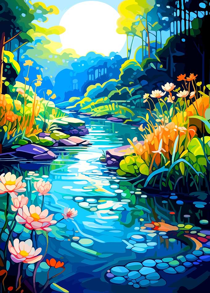 Vibrant Sunlit Forest Stream