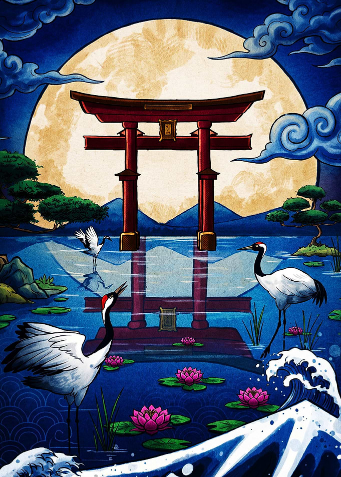 Japanese Torii Gate and Cranes Illustration