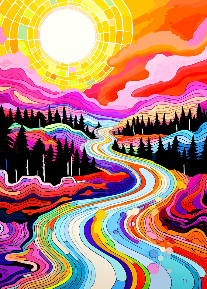Psychedelic Colorful Landscape River Scene