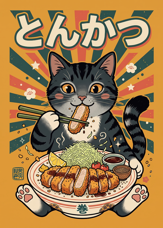 Cute Cat Eating Tonkatsu Illustration