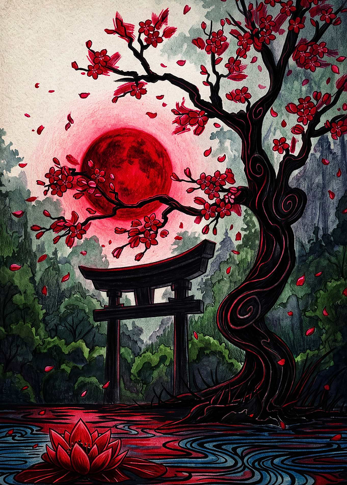 Red Moon Over Torii Gate