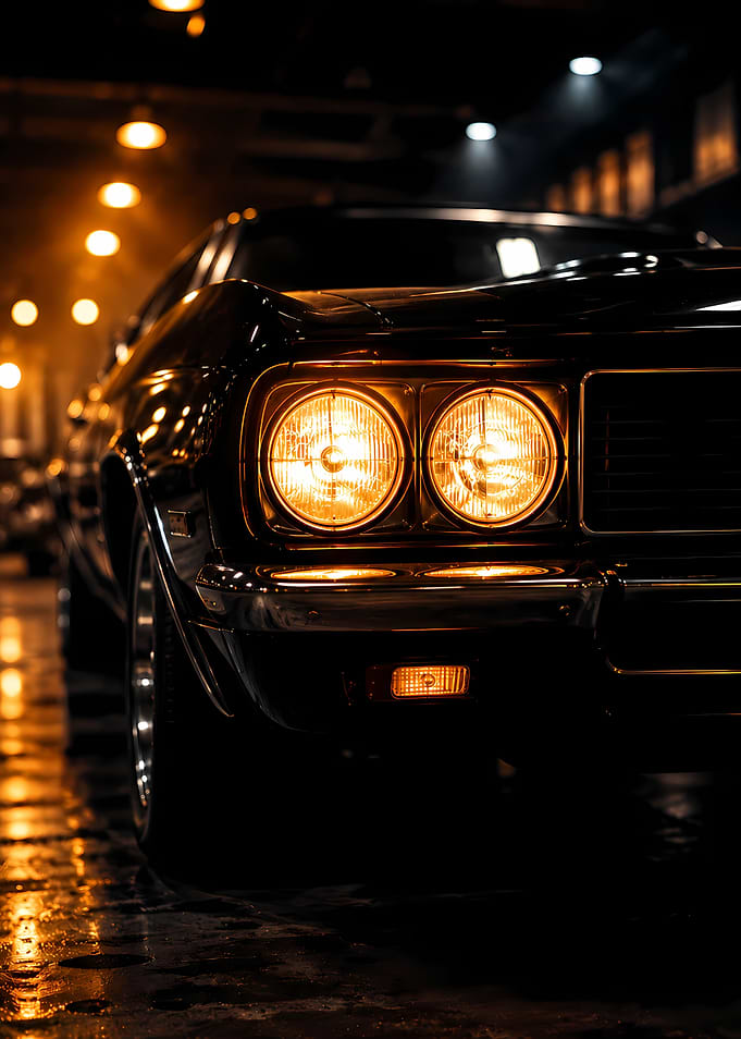 Classic Muscle Car Headlights at Night