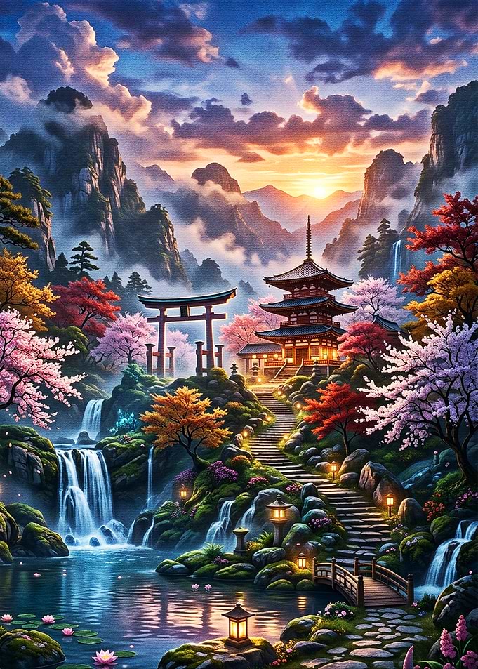 Enchanted Japanese Temple at Sunset