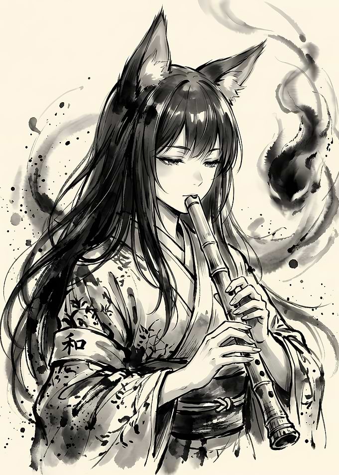 Fox Girl Playing Bamboo Flute