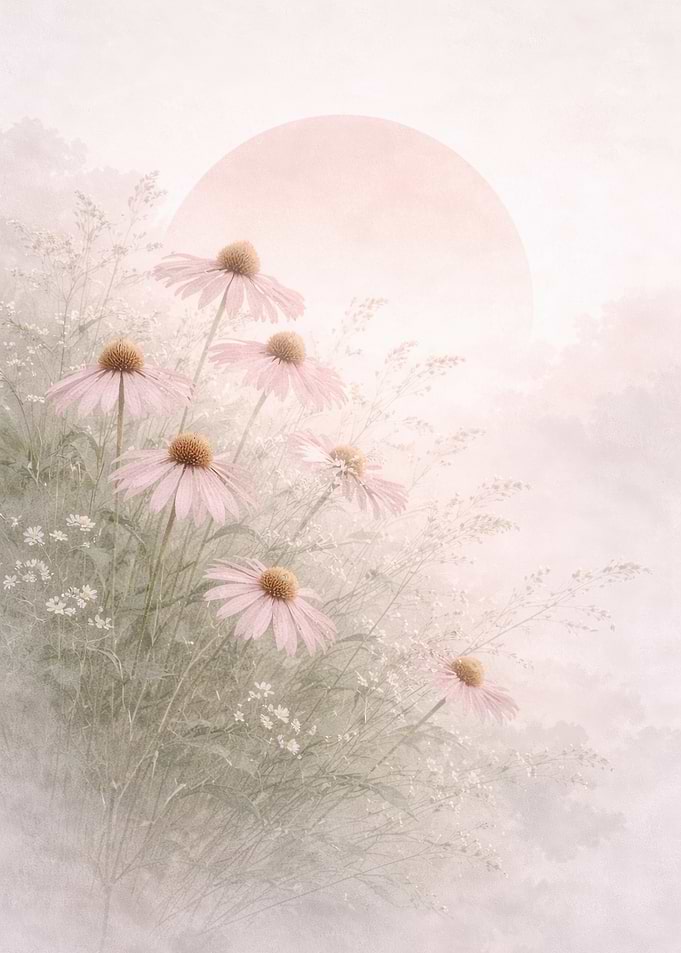Soft Pastel Coneflowers in Mist - Wildflowers