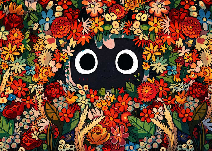 Cute Black Creature in Flower Field