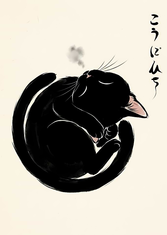 Sleeping Black Cat Ink Illustration