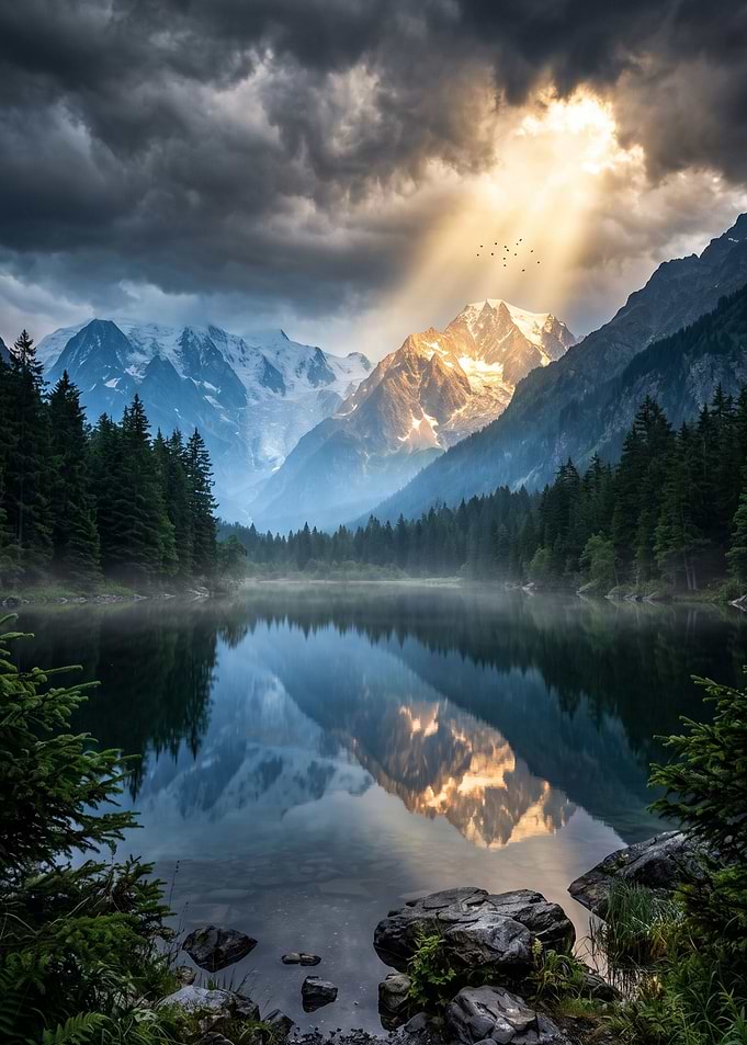 Sunlight Piercing Through Stormy Mountain Clouds