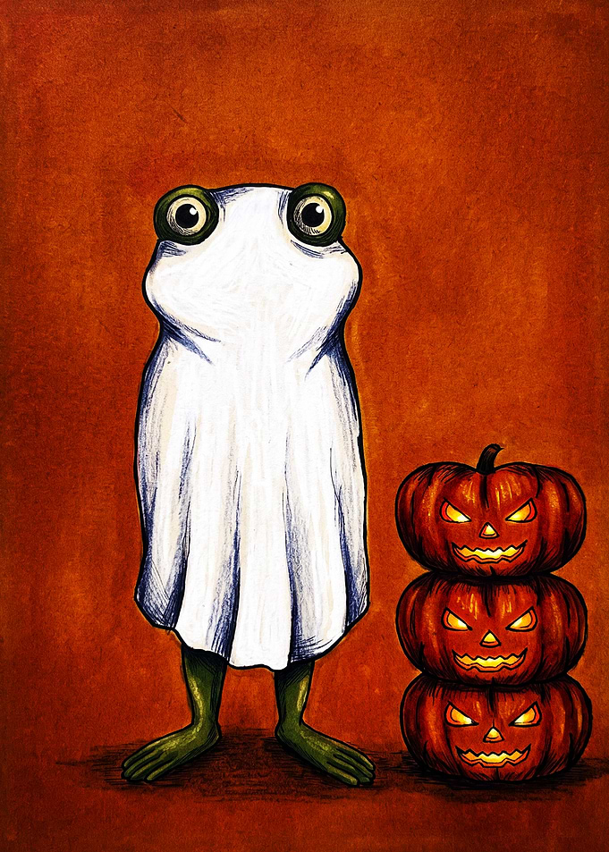 Frog in Ghost Costume with Pumpkins