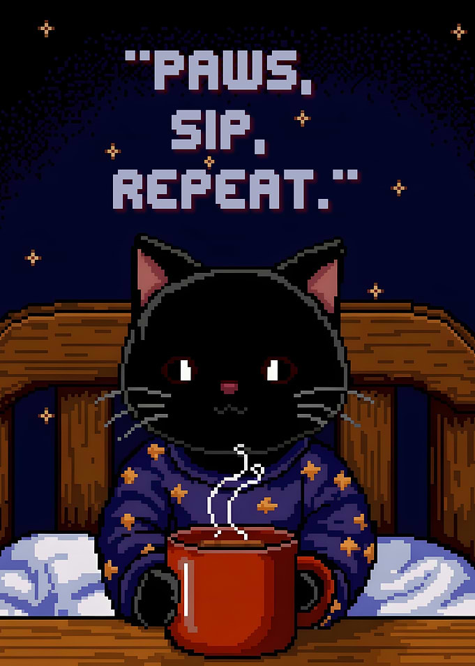 Pixel Art Black Cat Drinking Coffee