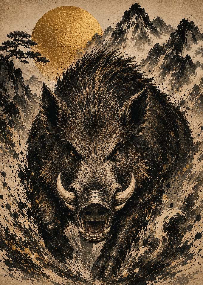 Golden Sun Wild Boar Japanese Ink Painting