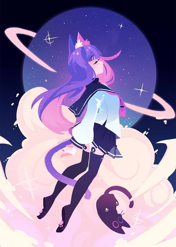 Anime Cat Girl Floating in Space