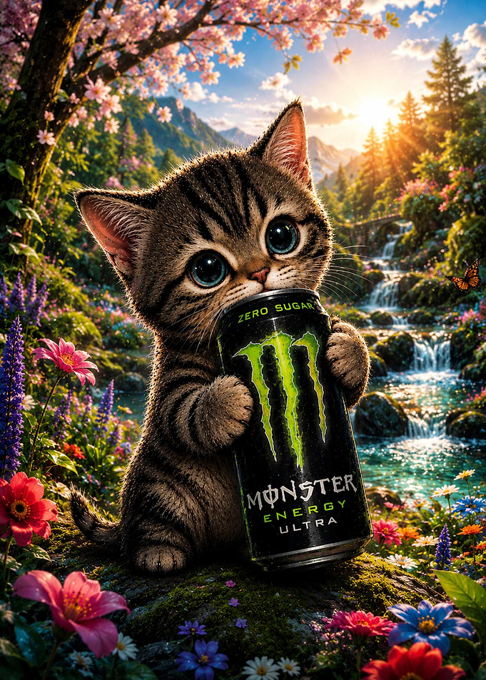 Cute Kitten Drinking Monster Energy