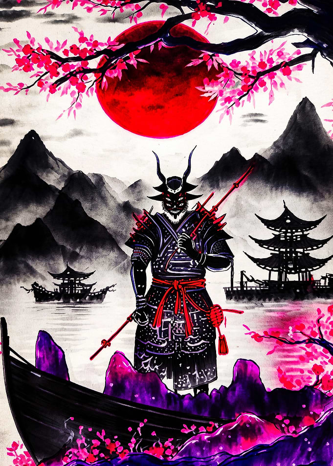 Samurai Warrior Under Red Moon