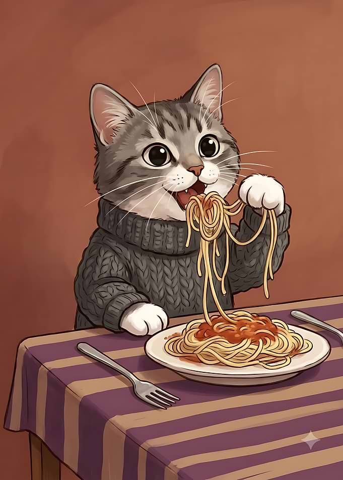 Cute Cat Eating Spaghetti