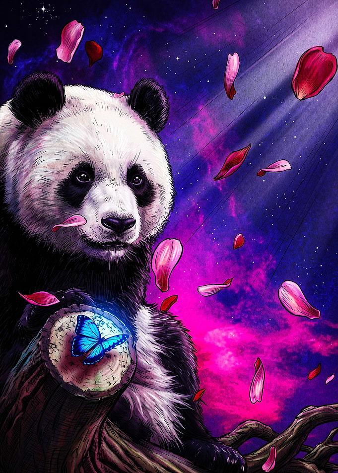 Panda with Butterfly in Cosmic Forest