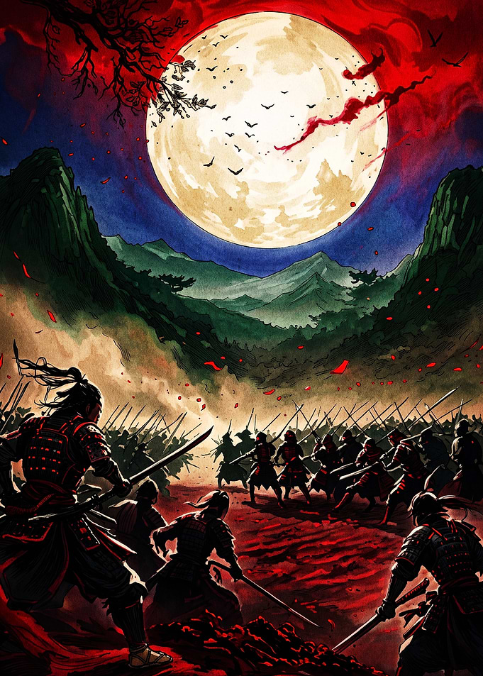 Samurai Army Under Blood Moon