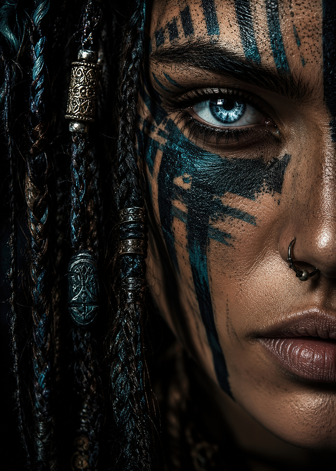 Tribal Warrior Portrait with Blue Markings
