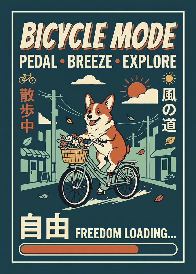 Corgi Riding Bicycle Retro Poster
