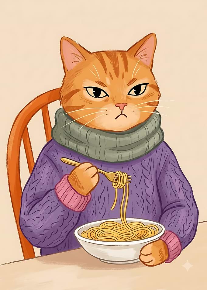 Cute Ginger Cat Eating Spaghetti