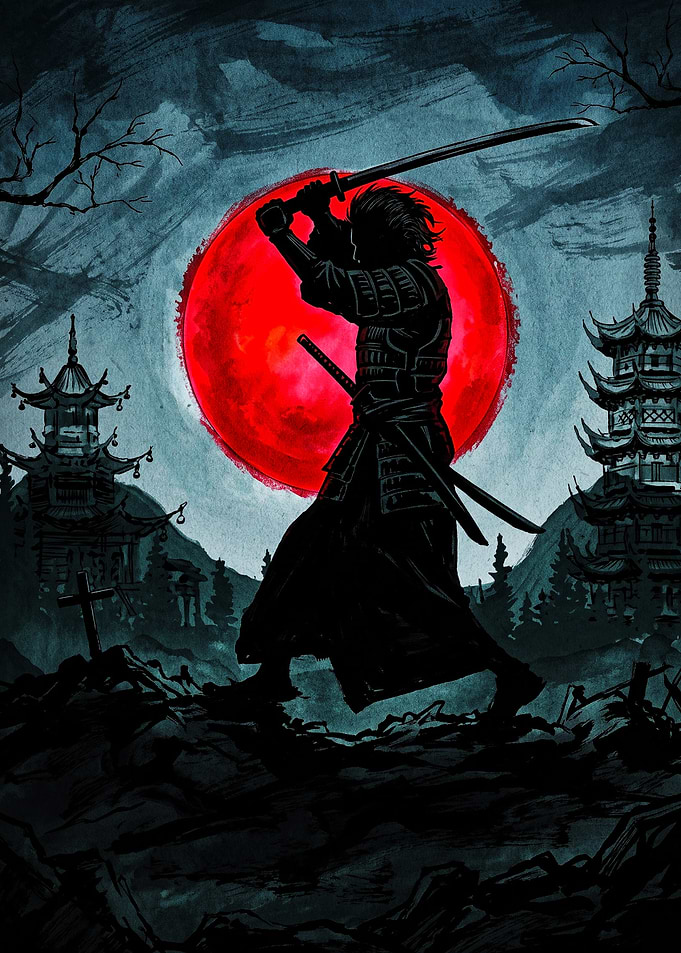 Samurai Silhouette Under Red Moon
