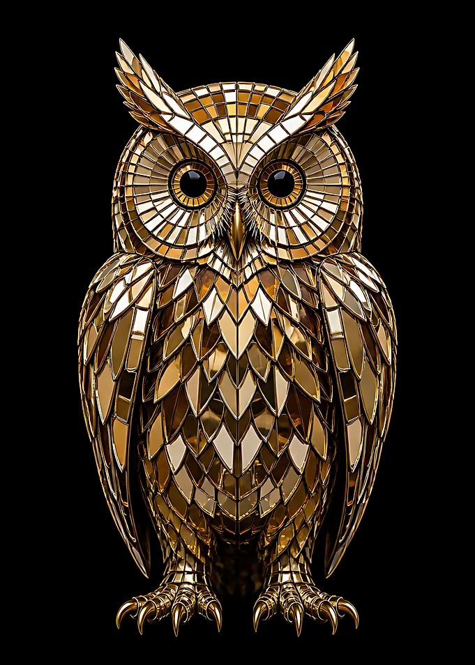 Golden Mirror Mosaic Owl Sculpture