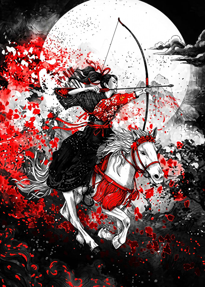 Samurai Archer Riding Horse Under Moon