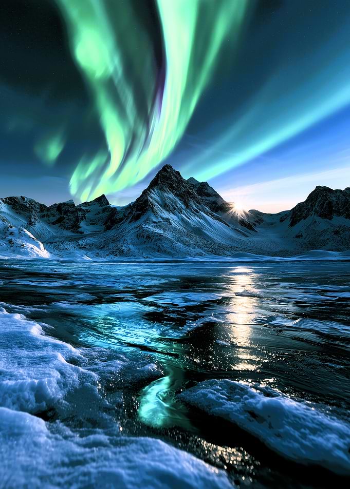 Aurora Borealis Over Frozen Mountain Lake