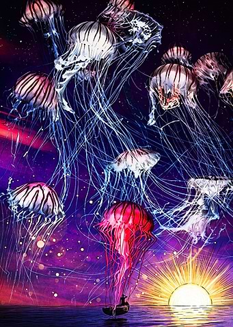 Surreal Jellyfish Floating Over Ocean Sunset