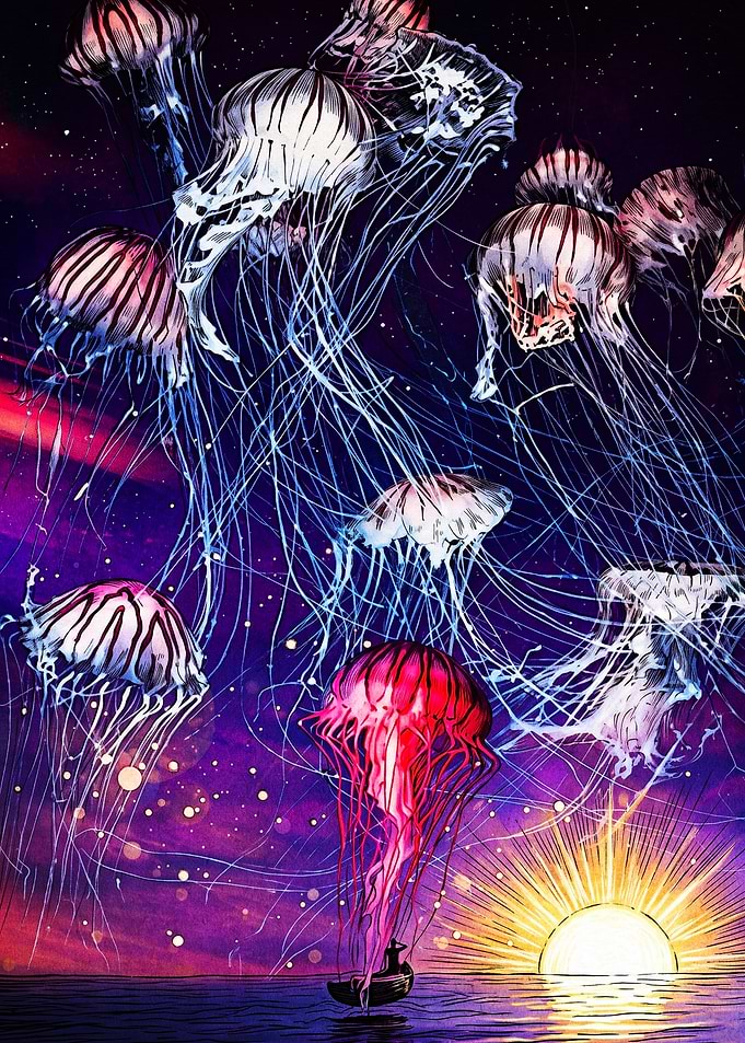 Surreal Jellyfish Floating Over Ocean Sunset