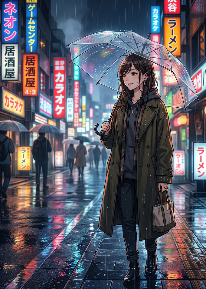 Anime Girl Walking in Rainy Tokyo