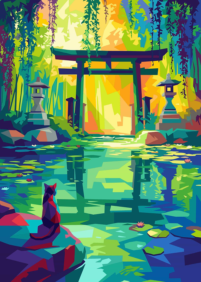 Cat Watching Japanese Torii Gate