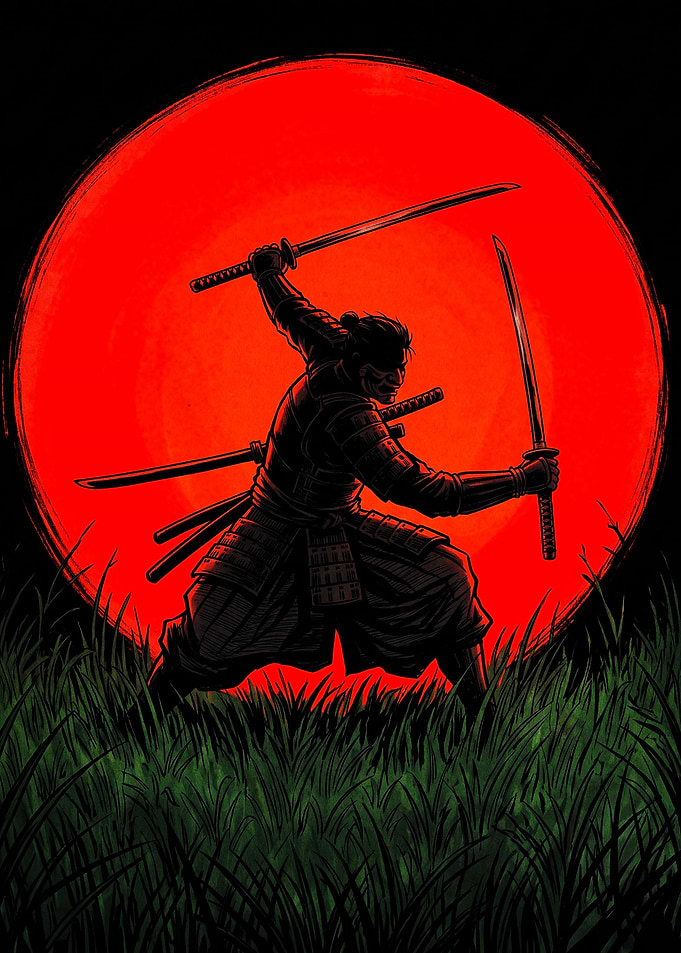 Samurai Warrior Against Red Sun