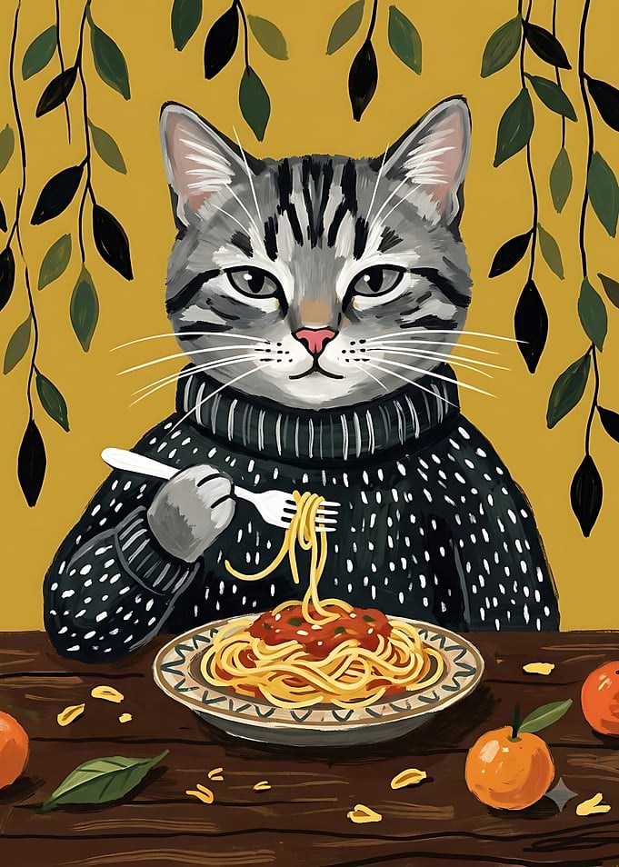 Cat Eating Spaghetti Illustration