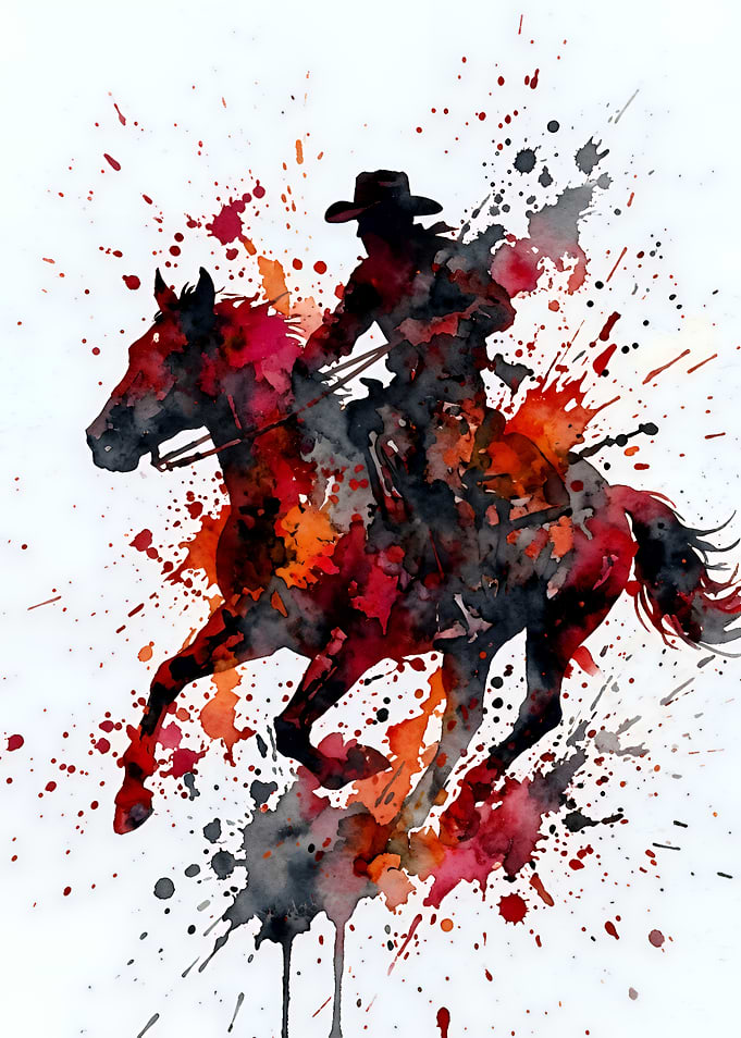 Watercolor Cowboy Riding Horse Silhouette