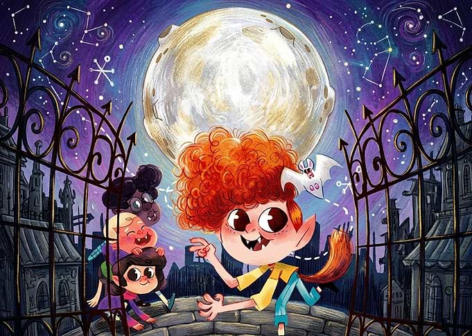 Spooky Cartoon Kids Under Full Moon