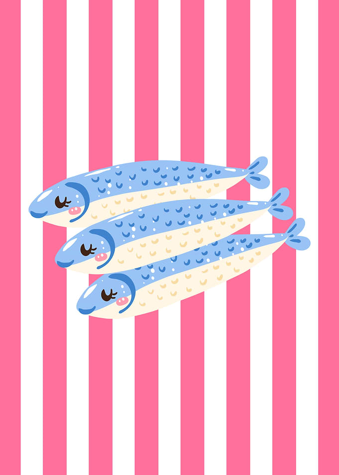 Cute Kawaii Sardines on Pink Stripes