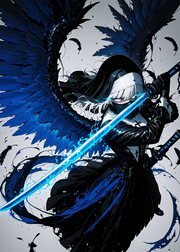 Winged Nun Warrior with Blue Katana