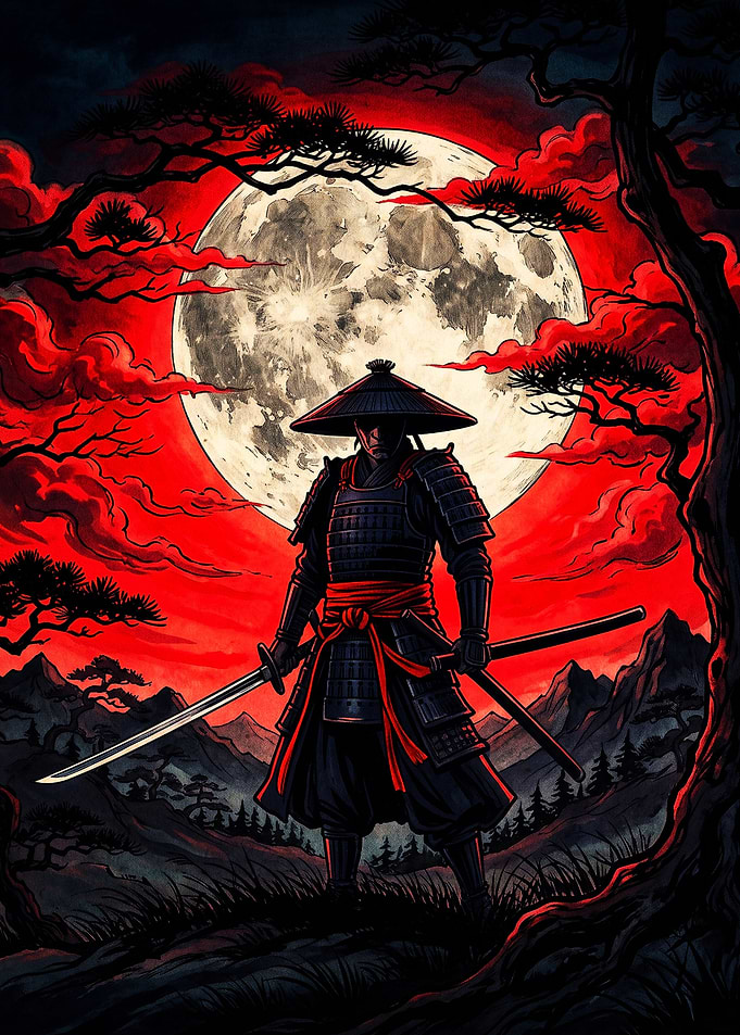 Samurai Warrior Under Red Moon