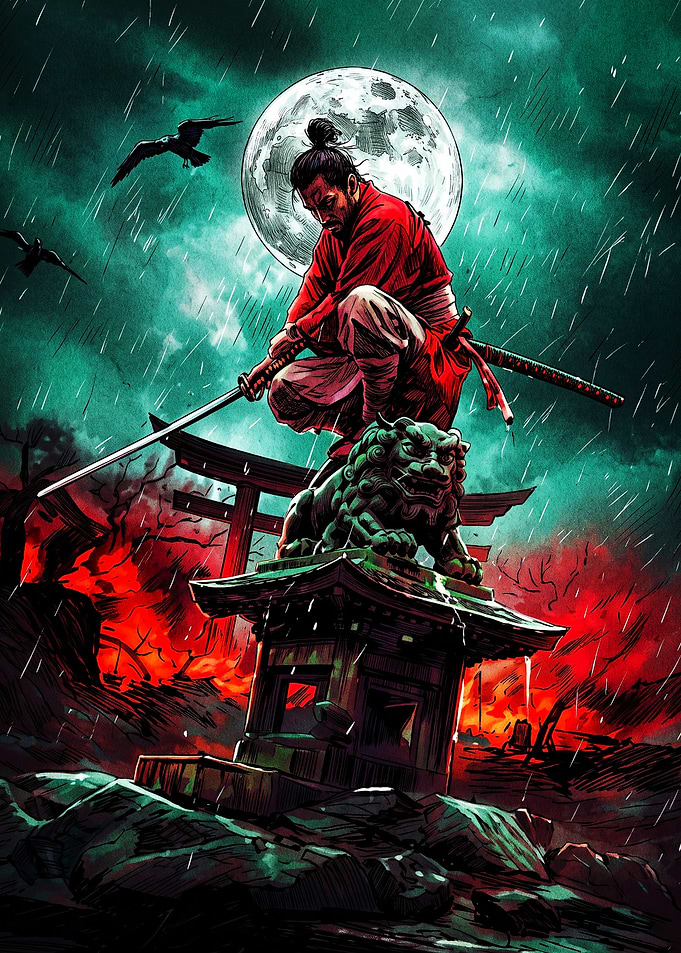 Samurai Warrior Under Full Moon