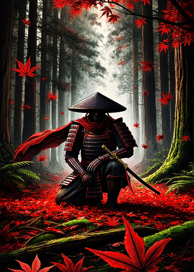 Samurai Kneeling in Autumn Forest