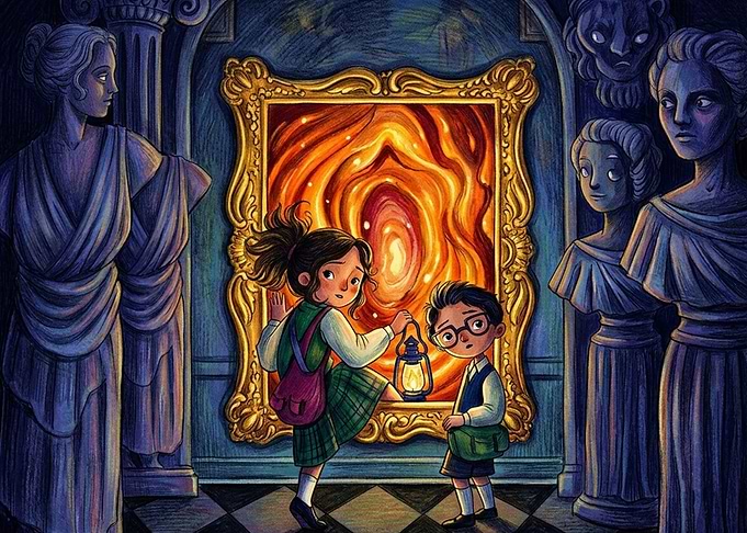 Children Discovering Magical Portal Painting