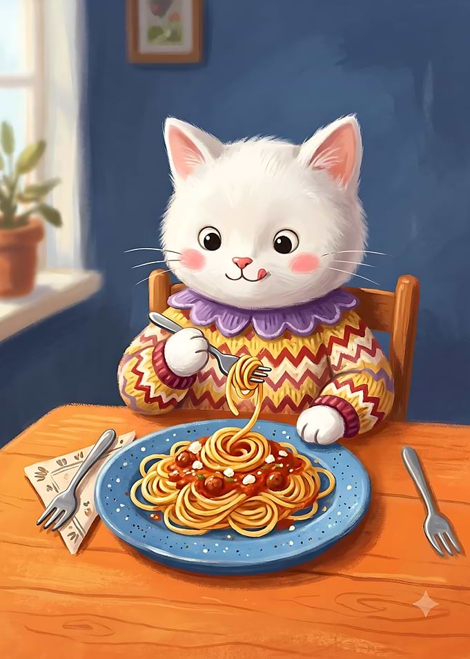 Cute White Cat Eating Spaghetti