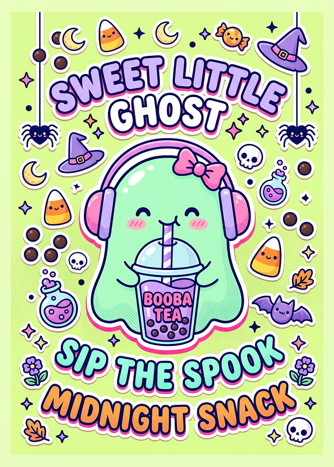Cute Ghost Drinking Boba Tea
