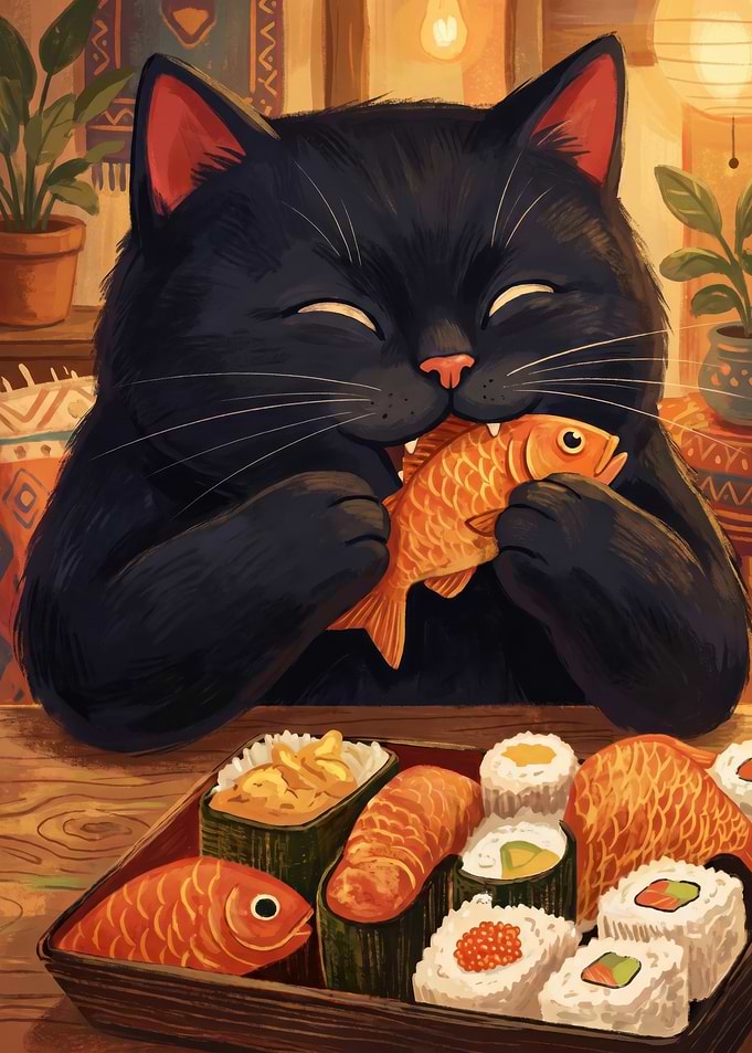 Black Cat Eating Sushi Feast