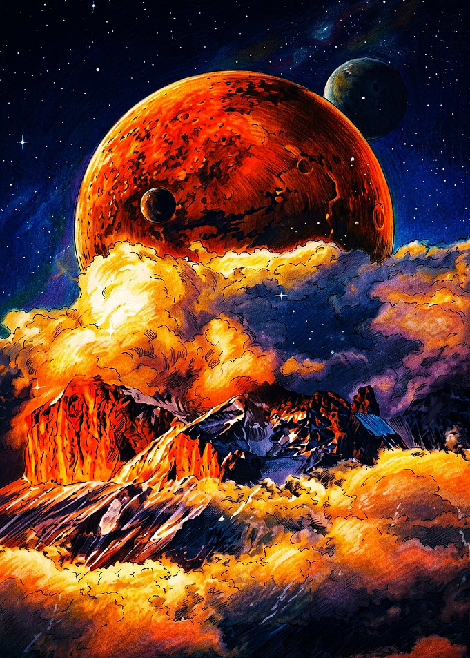 Fiery Planet Over Mountain Clouds