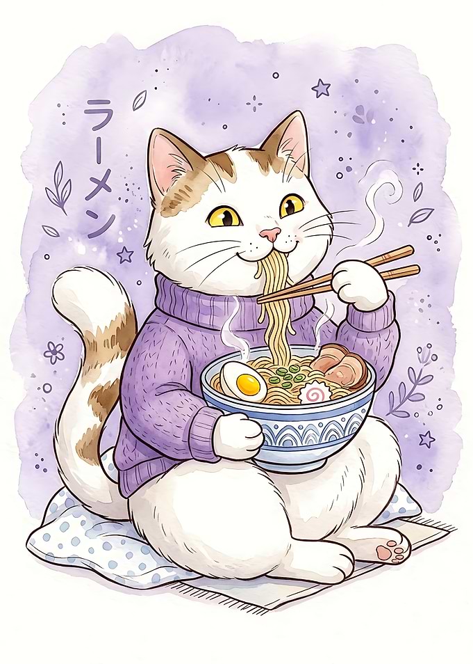 Cute Cat Eating Ramen Illustration