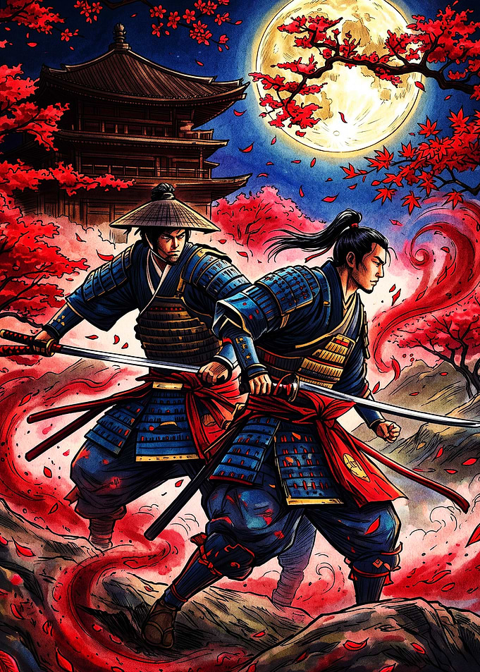 Two Samurai Warriors Under Full Moon