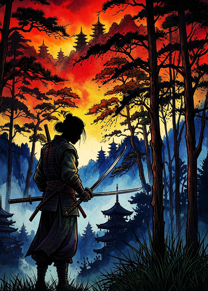Samurai Warrior in Fiery Landscape