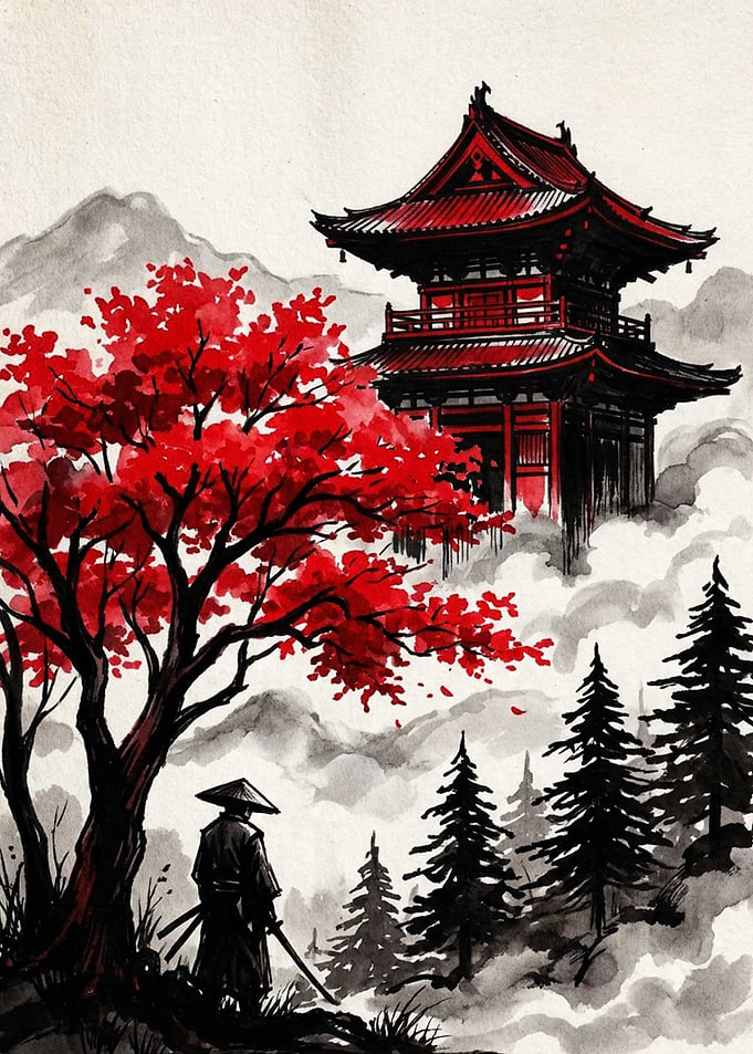 Samurai Standing Before Red Temple